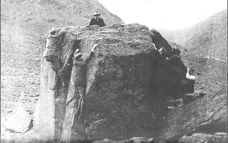 Photo 1890 right up to about 1965 or even later .. playing on boulders was something to do when it was raining or fun near a camp site .. no grades etc .These guys are in nailed boots as was the footwear in those days right into the 1950's (in UK) Odd climbs up to about 5.9 was done in these boots (not many!)