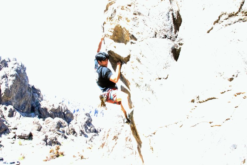 overly washed out photo of dante entering the crux about bolt #1