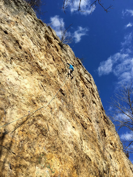 Nate Ericksson climbing Jump to Something Good on the first day of spring '16.