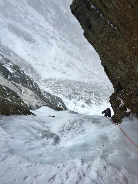 Duncan pulling through the crux on pitch 1
