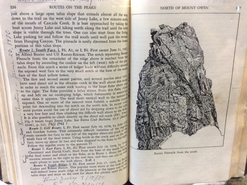 From the original 1965 Ortenburger guide to the Tetons. Showing several routes on the south and east side. The Gill route was rated F9 (but much harder than that and essentially a solo), and an East Face route by Chouinard that turned out to be free at F10. <br>
<br>
Note the old style ratings of "F" instead of "5".<br>
<br>
Nothing better than a good boat ride followed by ticking four or five routes with an easy rappel.