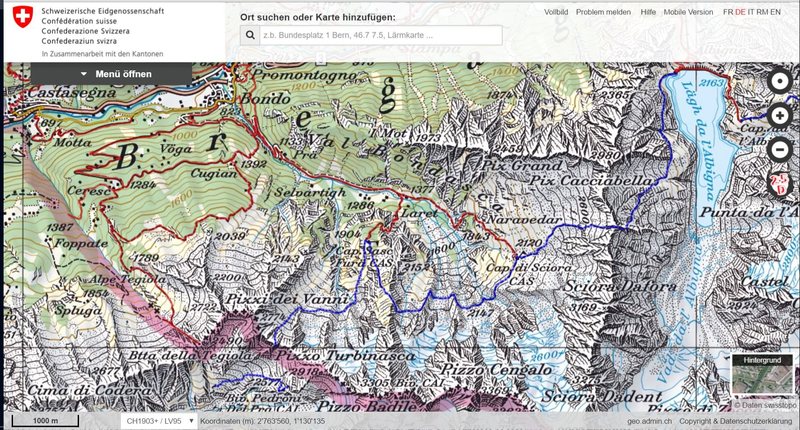 Val Bondasca, home of Piz Badile and Sciora Dafora; Val Bregaglia= Bergell, Swiss; +trails; scan by map.geo.admin.ch