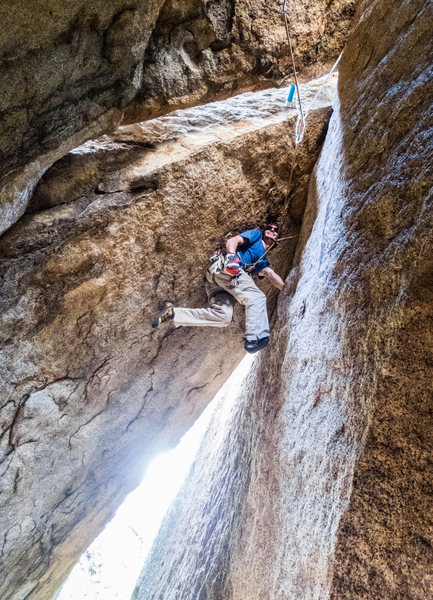 Midway through the roof. Excellent route, and not as intimidating as it looks.
