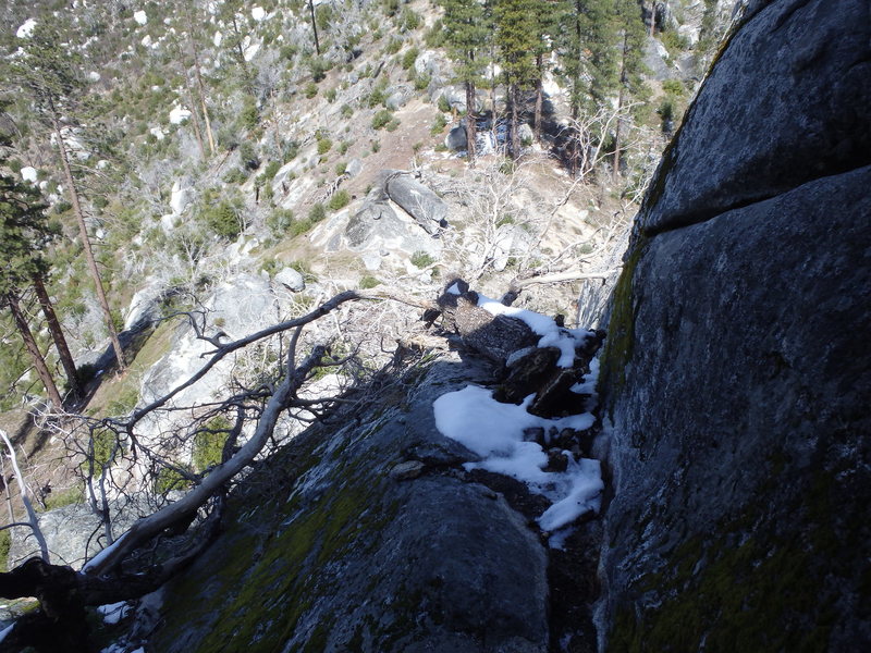 Main Walk Off Tree is gone. Mandatory 5.5/5.6? down climb for 2 moves