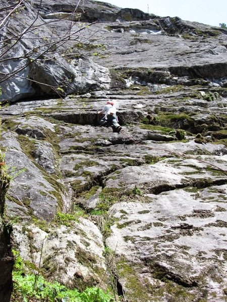 Other Side of the Tracks, pitch 1. Climbs much cleaner than it appears from below