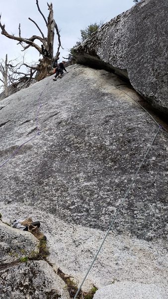 In a sea of sport climbs, this fun pitch of trad stands out. My friend on her first trad lead took 3 falls near the top. The protection is good.
