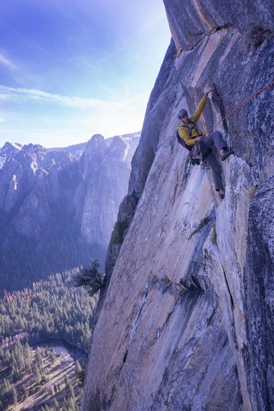 Steep flakes towards the end. Can see the east ledges at this point.. a lot of this top pitch (p7) was wet for us. Got a little epic..