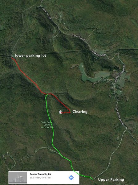 Map to get to site. The clearing is marked to show where you might want to start bushwacking. Both lots are connected by limestone run road; the fireroad from both lots meets at a stream near a bridge. At that point continue east 50ft then continue onto a trail South Southeast heading uphill. Two mile hike from lower parking area all uphill; a little more than a two mile hike from upper downhill then uphill after you hit the stream. See picture of clearing to see where to begin bushwack.