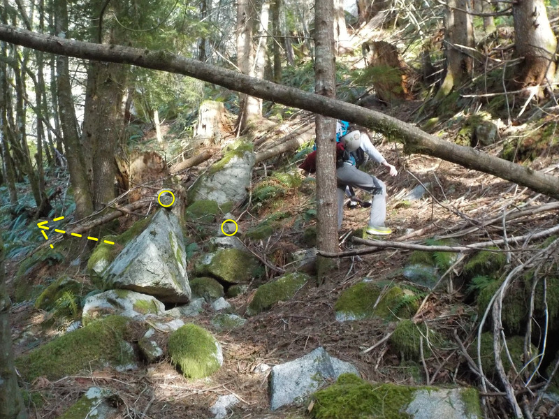 The Twin Cairns which you pass through to the left which gets to the start of Other Side of the Tracks/Erockticka. Trish missed the turn and is headed right, towards the Cloven Roof