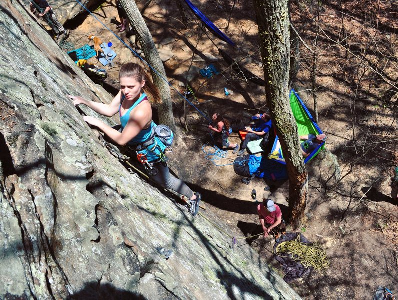Kathleen on the lead, right at the 3rd bolt.