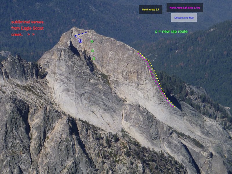 Hamilton Dome
<br>
North Arete 5.7
<br>
North Arete Left Side 5.10a
<br>
<br>
New rap route (green).
<br>
Old rap route (blue) incl. 4/5 class.