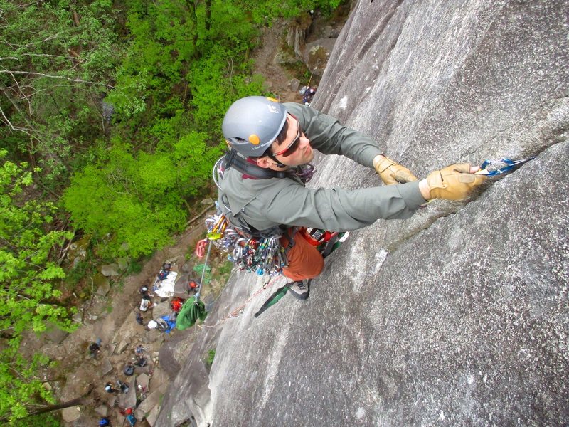 Climber aiding the first pitch of City Park.