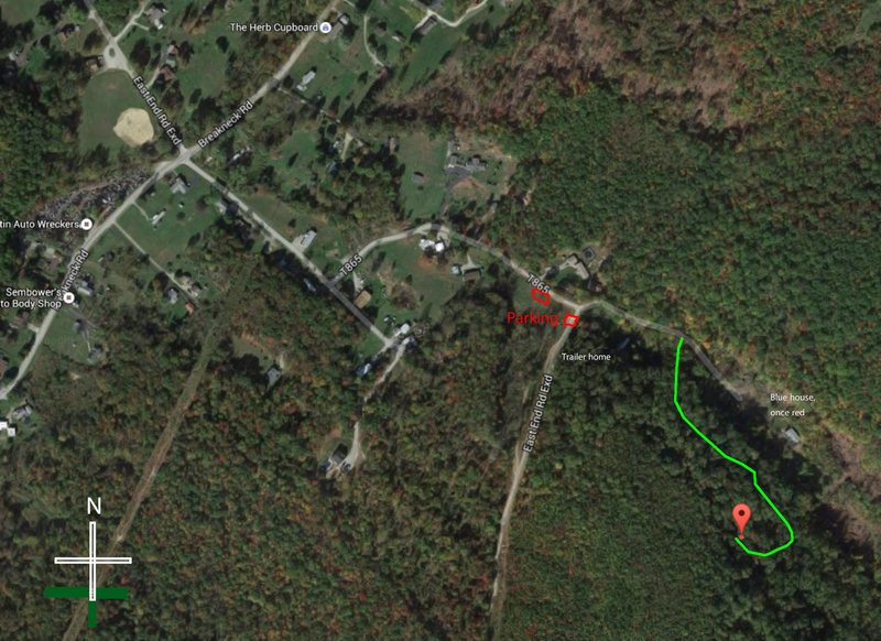 Map from parking area. Dont go down East End road (the power line trail) as it looks like the obvious trail. Go towards the homes that have the KEEP OFF PRIVATE PROPERTY signs; the road is public.