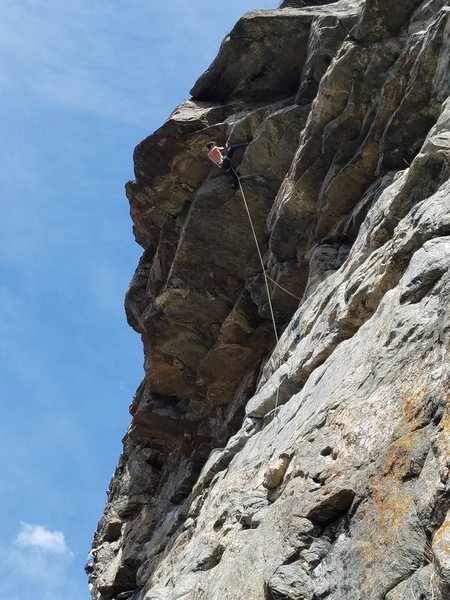 The crux roof. Note draw configuration for reduced rope drag.