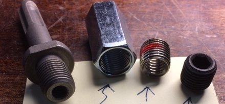 SDS drill chuck adapter + 1/2-20 x 1.75"L coupling nut + ReNuThread insert + 1/2-20 set screw