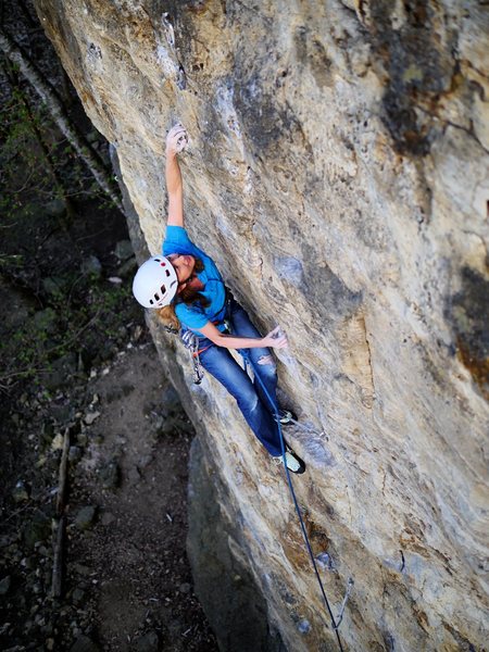 Ellen Brodrick at the crux. April, 2016.