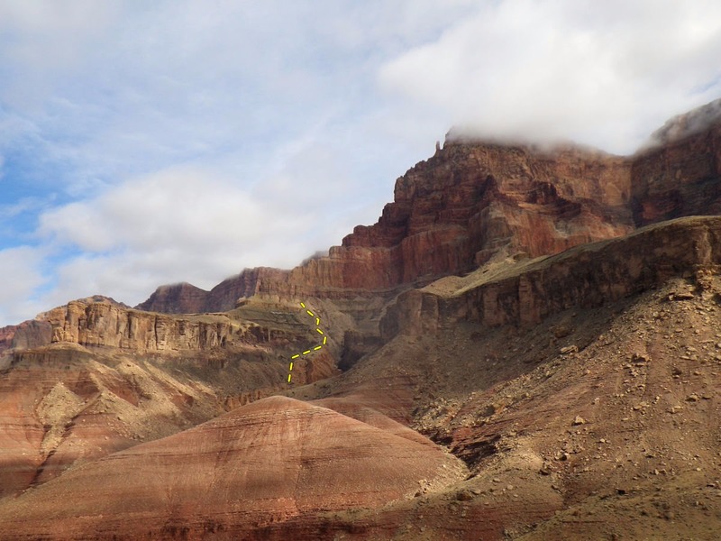 Trail drops into Tanner Wash before reaching the river. Follow wash SE, then up talus through Tapeats.