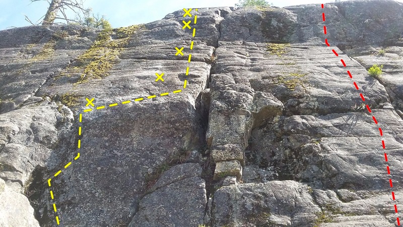 Jenga is the yellow route to the left of the crack with the huge loose block. Bogey is the red route on the right.