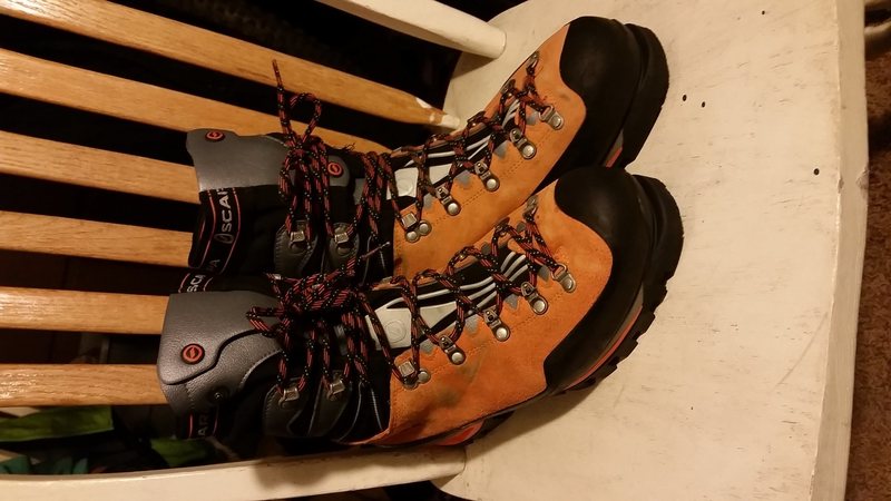 Scarpa Monte Blanc GTX pro size 45. Only worn 4 times,  a hair too small for me. I'd love to trade for a similar pair in a size 45.5 or 46. Or sell them for  $225+ shipping