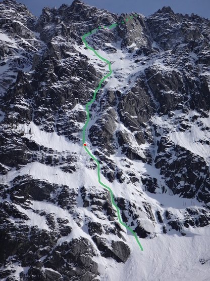 This is the route we took April 17th.<br>
<br>
I lead a simul-block up to the red dot. Steep snow and a few ice steps