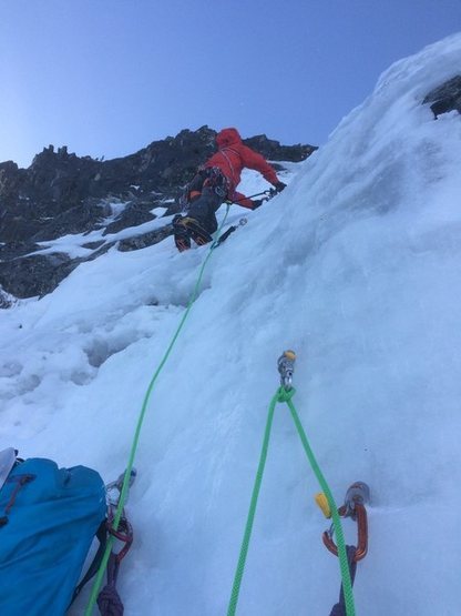 first pitch up in the rock band after roughly 800ft of simul-climbing the bottom portion of the route. We had a lot of ice so the mixed moves were fewer and further between April 17th 2016 (leader Mike G)
