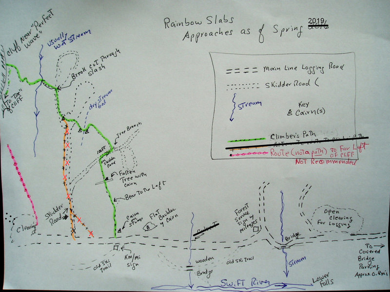 Approaches to Rainbow. The green route is "the way to go". (2018 update: Culverts are gone. There's 2 wooden bridges on the old ski trail. Green route is very easy to follow. )