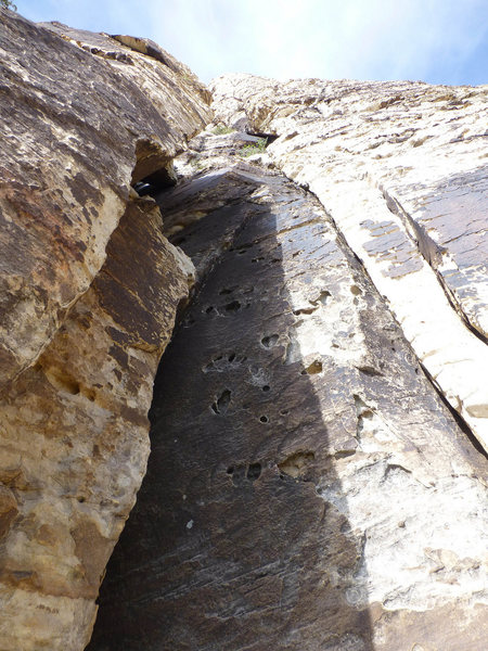 This is the steep third class approach to the start of the route. After climbing this ladder of pockets, step left and down to the ledge above the giant jumble of boulders, which will put you at the start of pitch 1, right where fossana's "charlie brown tree" picture was taken.