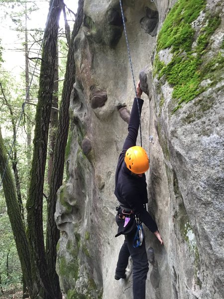A long reach to really good holds. Must be harder for shorter people.