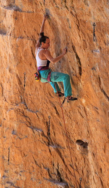 Natalie approaches the crux<br>
Nate Dog (5.13a)