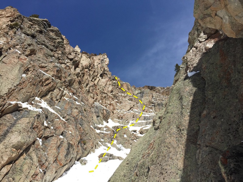 Looking up from the top belay of the 2nd pitch that traverses climber's left of the central rib. Move up snow and rock steps to a larger, steeper choke. Climb up left on flakes and choss before the choke to the ridge top, 150', 5.6/5.7?