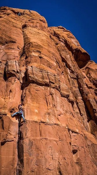 View of the first two pitches of Dr. Rubo's, with myself on pitch one and two unknown climbers at the top of pitch two