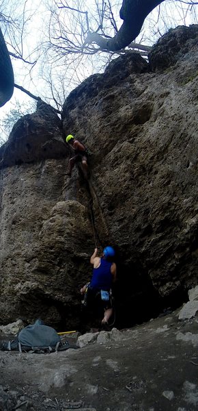 Blowing the chains and taking a small whipper on a solid .75" placed right above the lip. This is some very solid rock all the way up and takes nuts with one or two cams to protect. Probably the best crack on public land in Iowa.