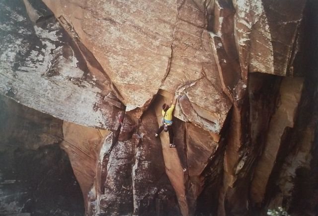 Jay Smith on Only the Good Die Young (5.11c), Red Rock<br>
<br>
Photo by Paul Obanhein