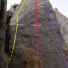 The three moderate routes on the leaning tower, from left to right "It's a Pisa Pie", "Deep Dish", and "Panzarotti".  The 5.10 route "Spicy Pizza" is further right, by itself on the more vertical/overhanging part of the wall.
