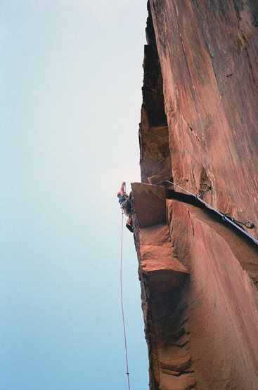 Clipping the anchor bolts after the third pitch off-width roof on Ixtlan 5.11c