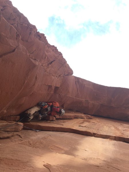The beginning of P2 - A dirty, overhung dihedral, leading to a roof crack.