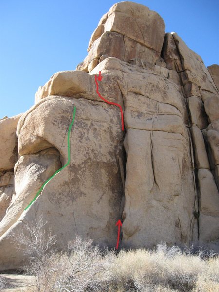 This route climbs up along the red line in the photo. The crux is on the short face at the top, by a bolt.