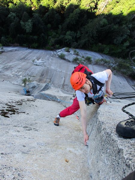 Climber leading the Sword pitch. He's looking pretty comfortable for this being a crux section!