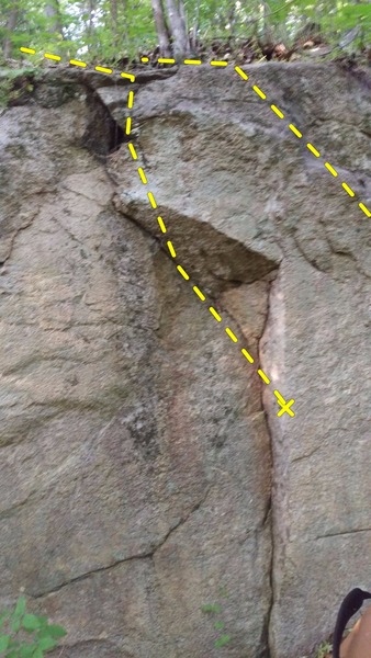 SDS begins to the right of the inside corner feature. Using the arete (left) and crack (right) move up and left through slopers and an undercling. Exit left.