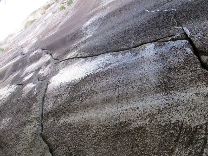 Looking up from the base of Pitch 1 of Hairpin. A fun crack traverse with some glacier polished rock.