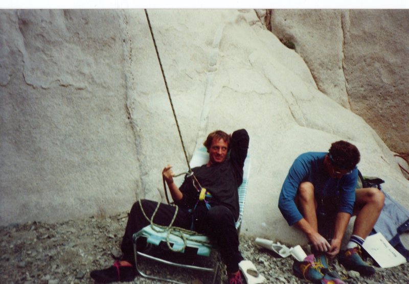 "Ironman" Bob Finley taking a turn belaying on the FA of Rat-N-Bees at the 2nd Classic, Nov 1989. Courtesy of Jim "Frodo" Lybarger collection.