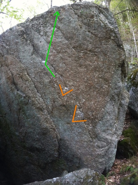 Darkness Falls with the start holds and line of travel shown. This climb starts one hand in a sidepull/crimp in the seam and one hand on a flat crimp. It makes a couple hard moves up and left and then finished up and to the right.