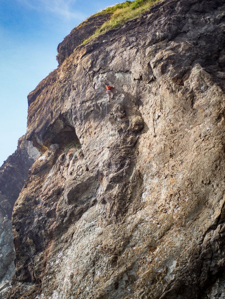Myself leading the FA attempt of Guilty Pleasure. This route is a really exciting adventure! The crux is incredibly technical with many delicate moves on tiny holds. I rehearsed the moves several times on TR while deciding on bolt placements, and still forgot the sequence when going for the lead. At least now we know its a clean fall! Went back the week later and got it clean.