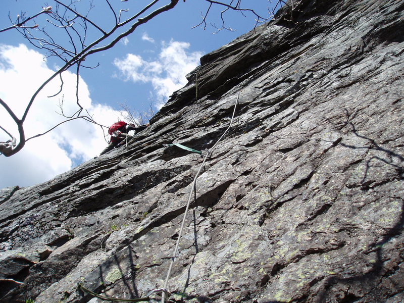 JS at the "nose", end of P2 of "A Night Climb..." (and "Star Trek") Rope runs up the "left" of the two choices to the bolt on the traverse.