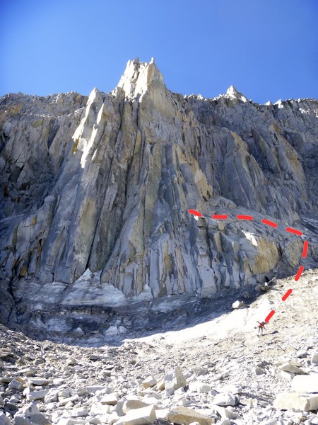 Our approach to the North Buttress of Mt Goode is shown with the red line.