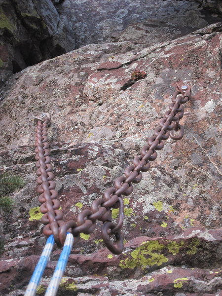 New righthand anchor bolt and new chain. Notice the quicklink and ring on the right chain allowing you to equalize rappeling down the Pony Express corner.