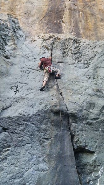 Evan Wisheropp TR soloing up the crack.