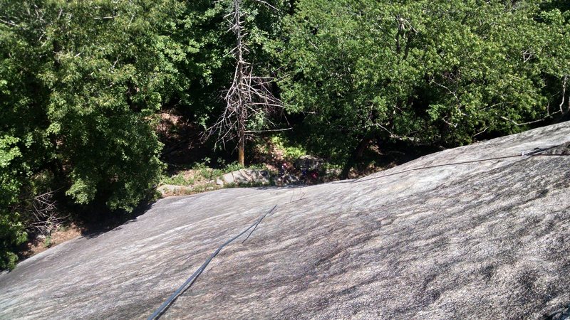 Looking down from the belay stance at the pro line.