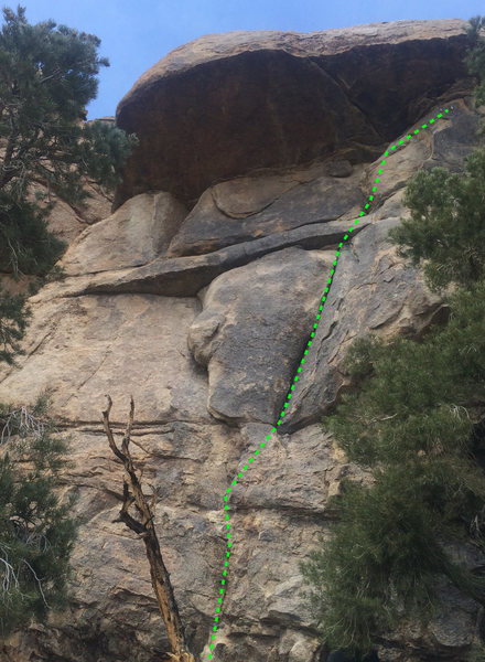 Clip a fixed piton, then follow the crack up and right to the anchors.