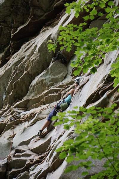 Erica on the laydown rest before the crux.